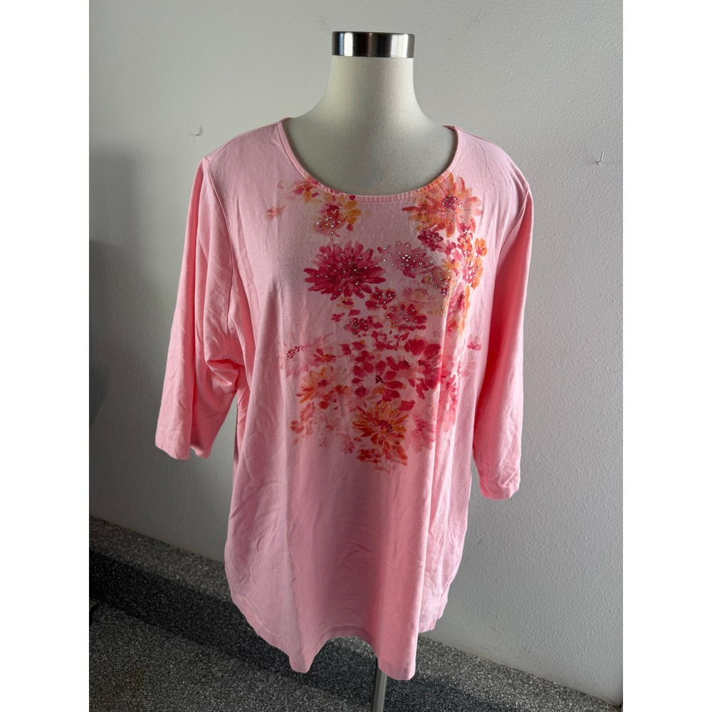 Quacker Factory Womens Plus 3X Pink Floral Rhinestone 3/4 Sleeve Top Shirt